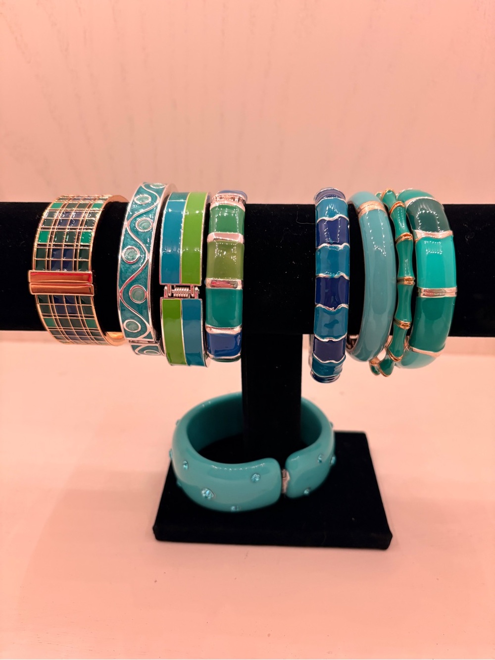 Teal and Turquoise Enamel Bangle Bracelet Set - Women's Jewelry